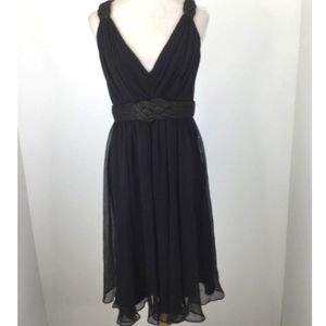 NWT BCBGMaxAzria Silk Black Gold Grecian Goddess Dress with Open Back Size 6